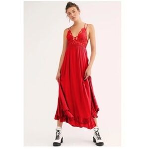 Free People Adella Maxi Dress Boho Crochet Lace Red Ruffle Smocked Festival XS